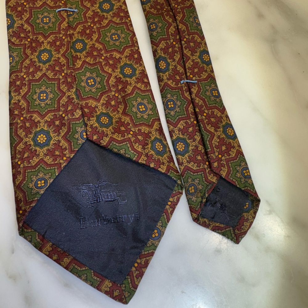 Vintage Burberry’s Red/ Green/Blu/ Gold Silk Tie with Geometric Pattern - Picture 3 of 7